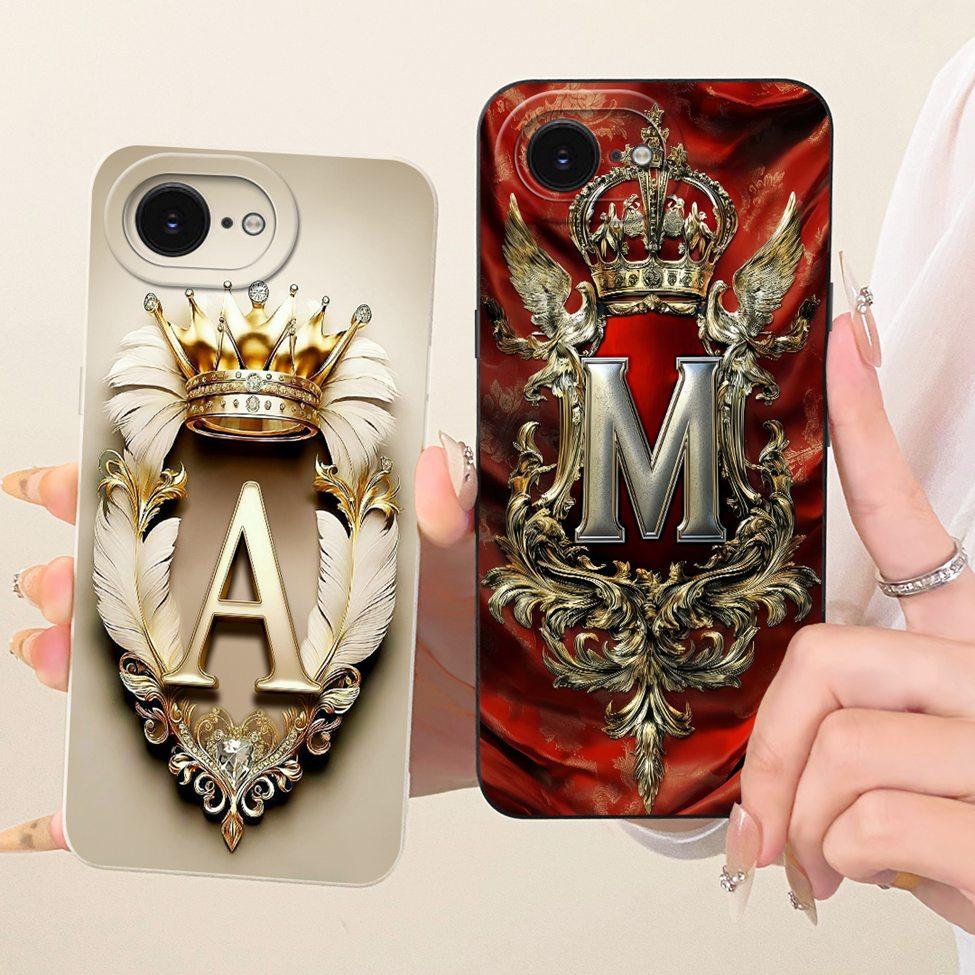 For iPhone 16e Case Cover Luxury A-Z Letters Fashion Crown 2D Painted Silicone Casing A3212 A3409 A3410 A3408