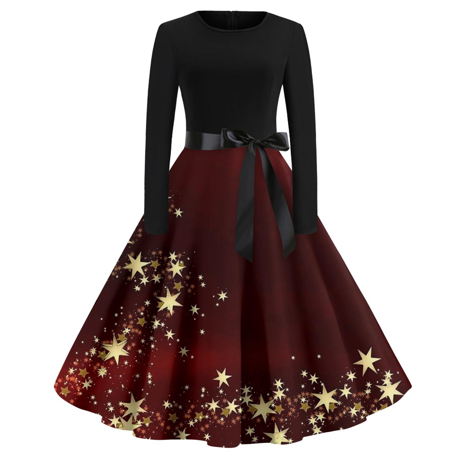 

Женское повседневное модное рождественское платье с длинными рукавами и принтом снежинок, вечерние повседневные платья с вырезом и круглым вырезом XL винный