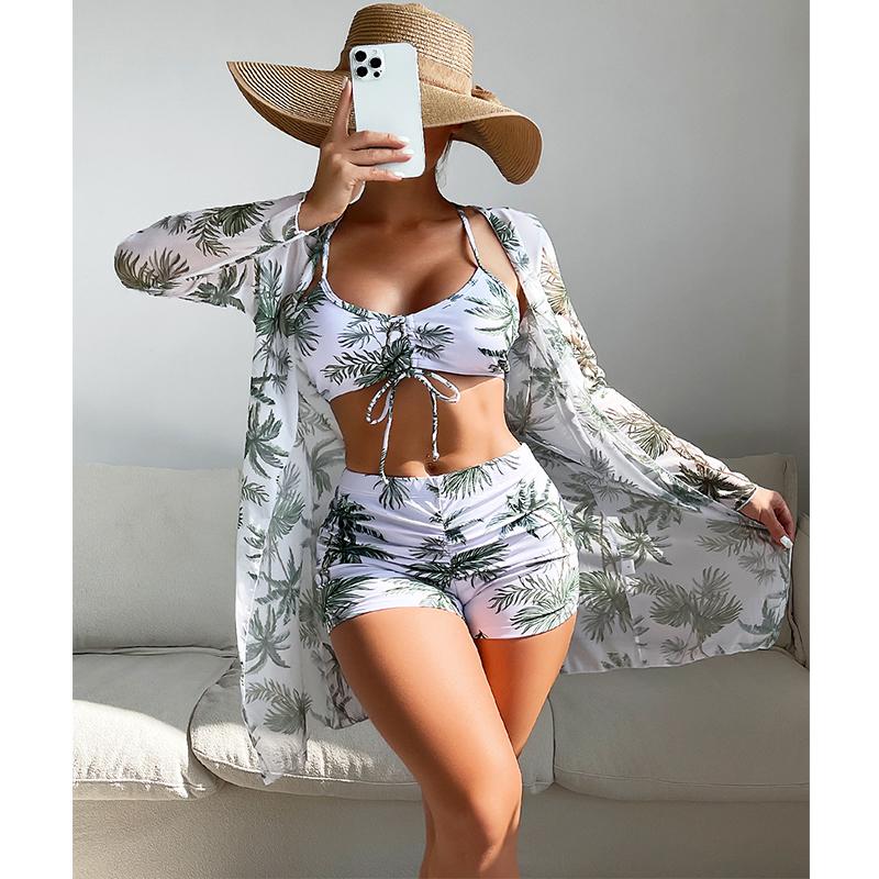 Women Swimsuit High Waist Bikini Set Three Pieces Women Sexy Long Sleeve Cover Up Swimsuit 2026 Beach Bathing Suits Swimwear