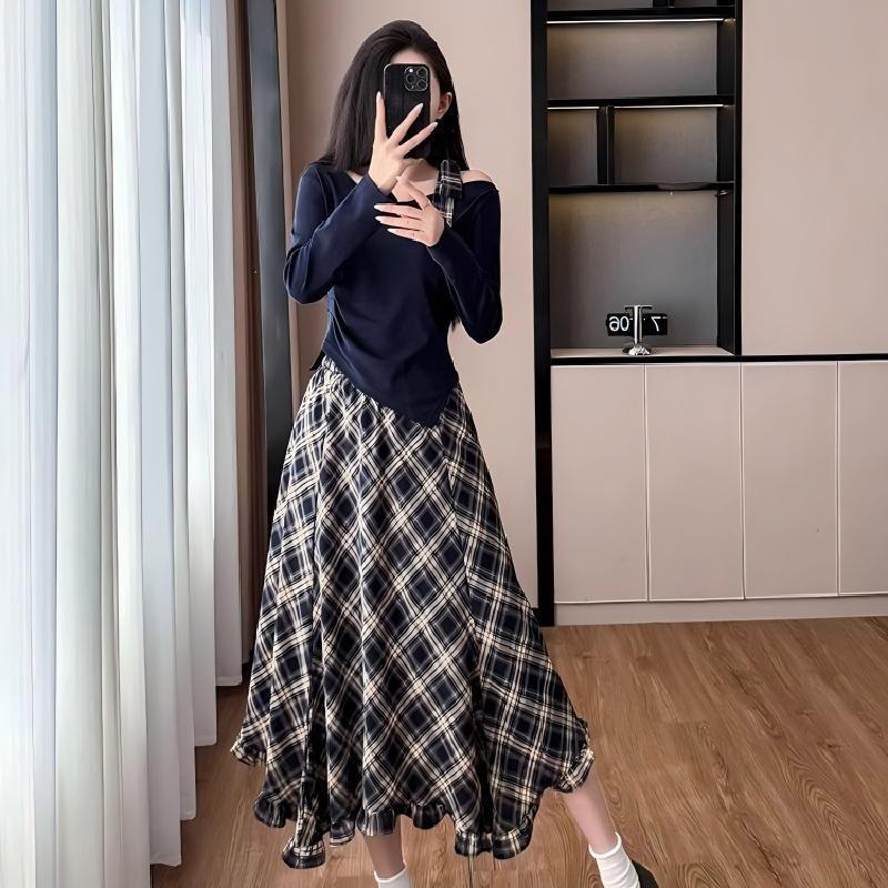 

Women s Early Spring 2025 Plaid Midi Skirt Set: Petite Fashion Two-Piece Large