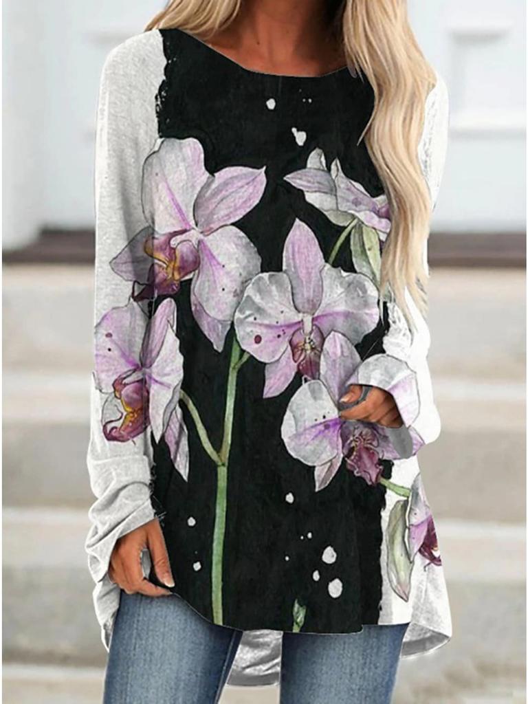 Plus Size Women Spring Butterfly Printed Comfy Long Sleeve Round Collar T-shirt Casual Baggy Mid Length Tee Tops
