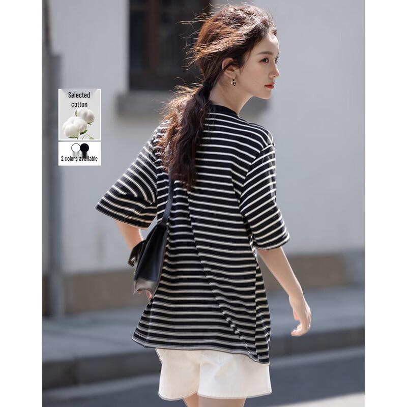 Demana Light Retro Striped Cloud Cotton Round Neck T-Shirt M