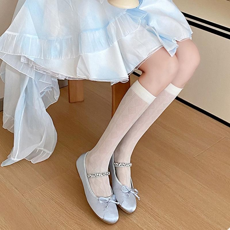 Summer Thin Silk Solid Over the Calf Socks for Womens Japanese Style JK Diamond Striped Pattern Student Long Stockings