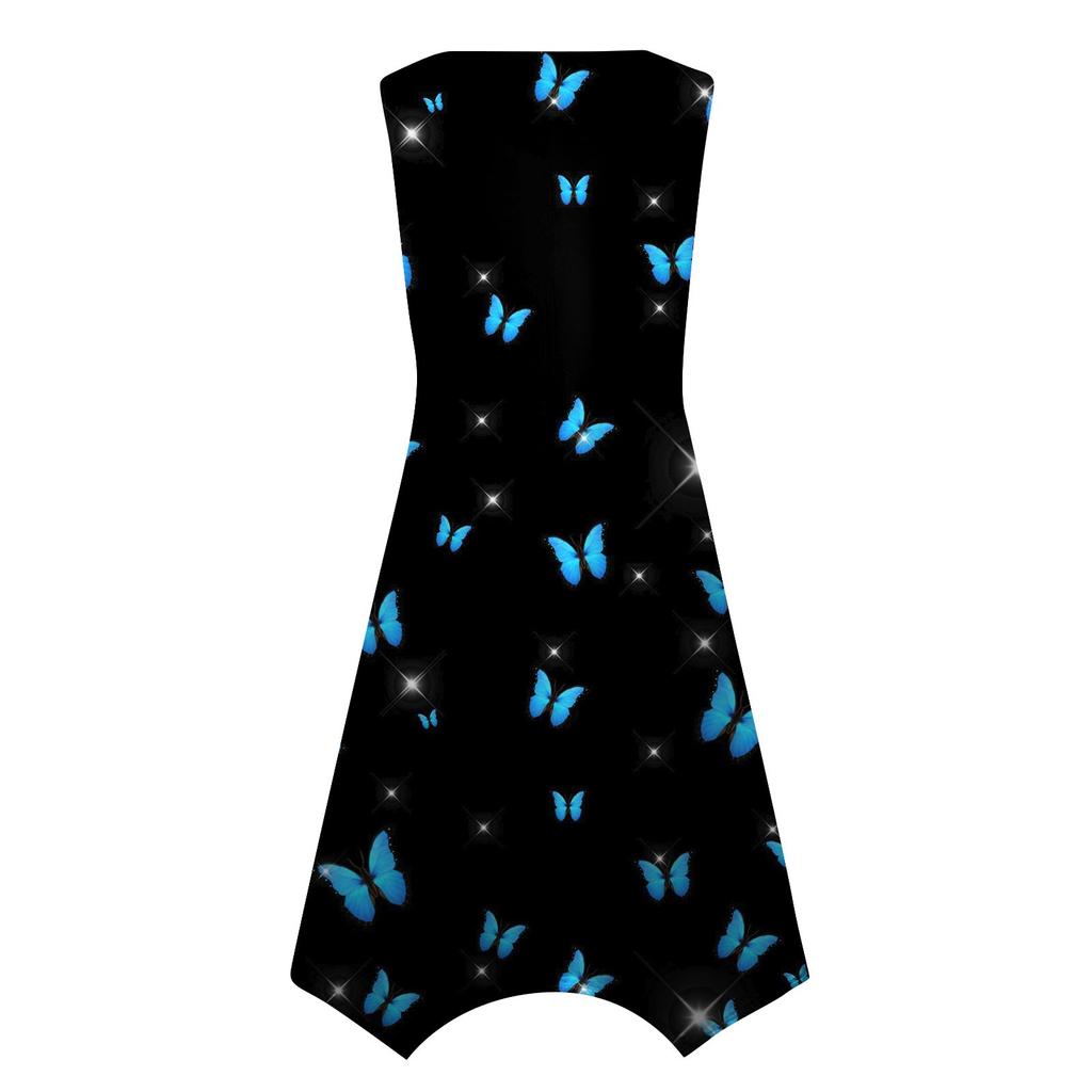 Lässiges, modisches Damen-Midikleid mit Rundhalsausschnitt, ärmellosem Aufdruck und unregelmäßigem Saum