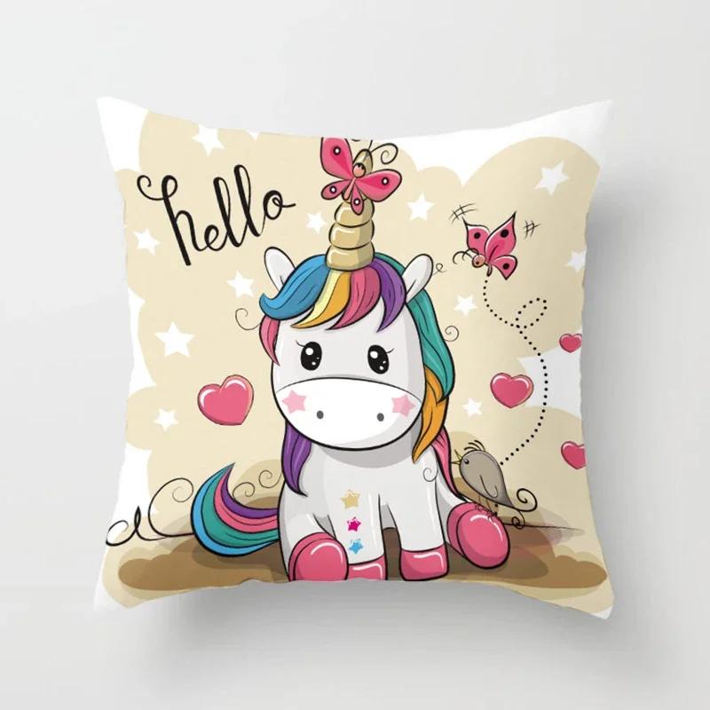Niedliches Einhorn-Printmuster Quadratisches Kissen Polyester Kissenbezug Sofa Bürostuhl Kissenbezug Einfache Heimdekoration