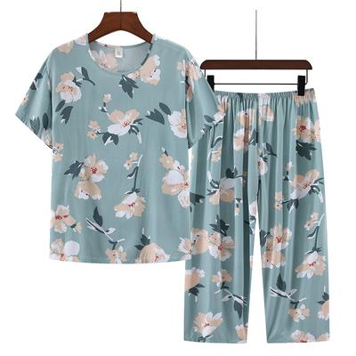 2 Pcs/Set Mid-aged Women Pajamas Set O Neck Flower Print Short Sleeve Elastic Waist Pleated Loose Thin Wide Leg Soft Sleepwear