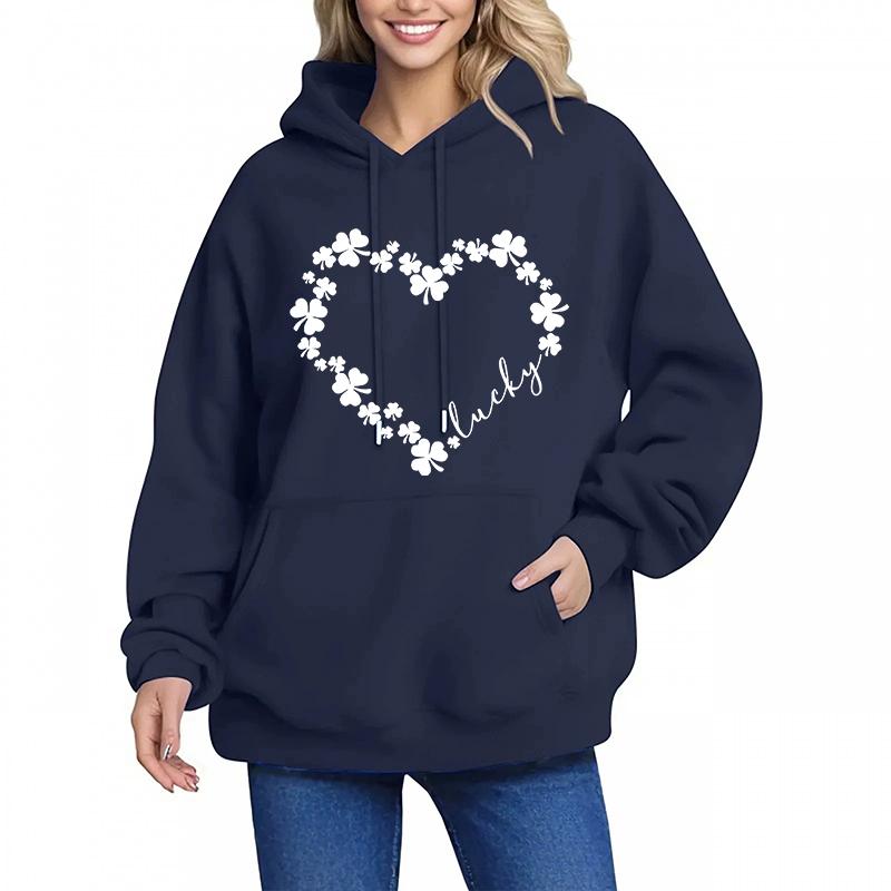 

Lucky Text Heart Floral Graphic Print Kangaroo Pocket Hoodies Women Fall Winter Long Sleeve Hoody Streetwear 90s Hooded Clothes S
