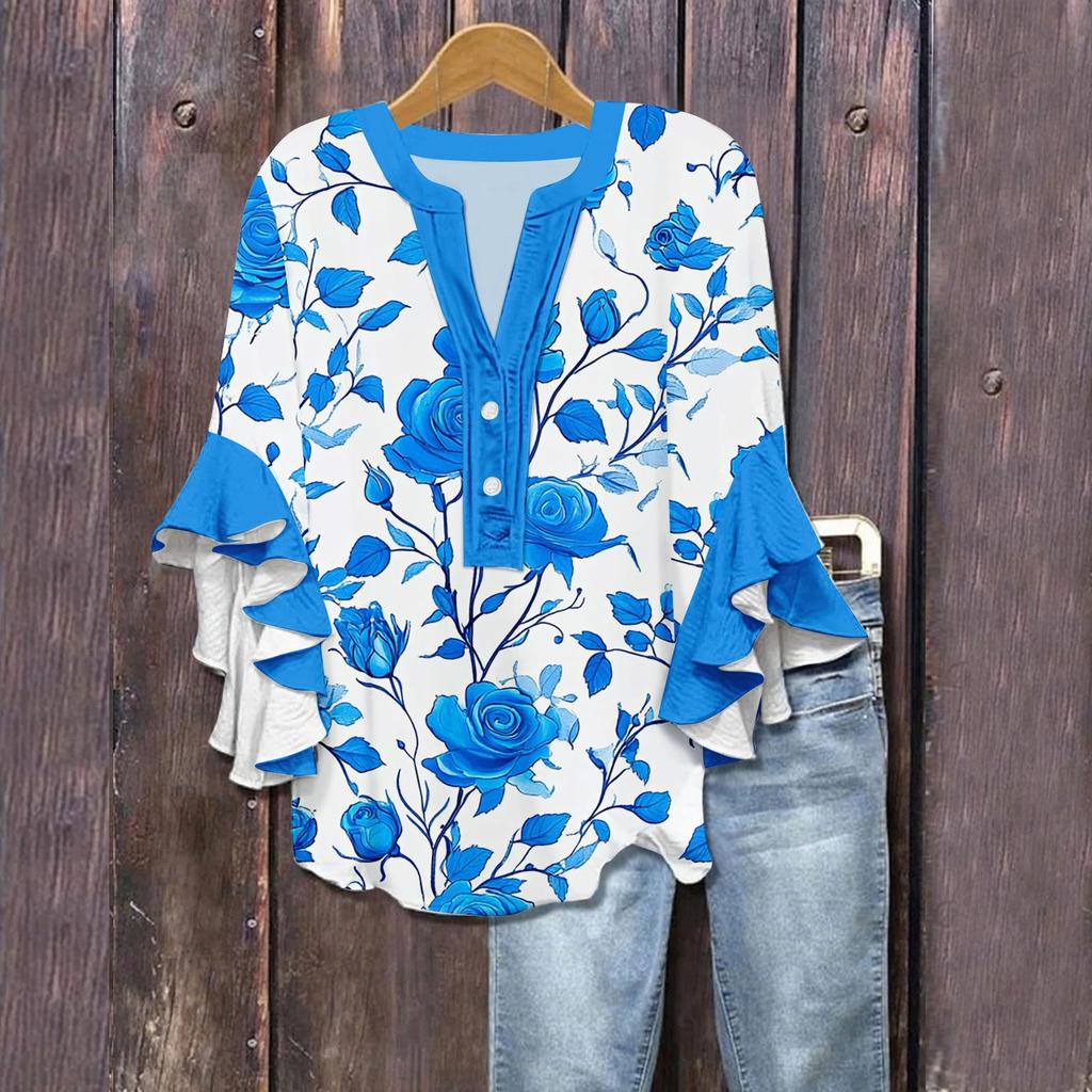Women's Summer Tops V Neck Three-quarter Sleeves Floral Print Flowing Ruffle Sleeves Half-button Shirt