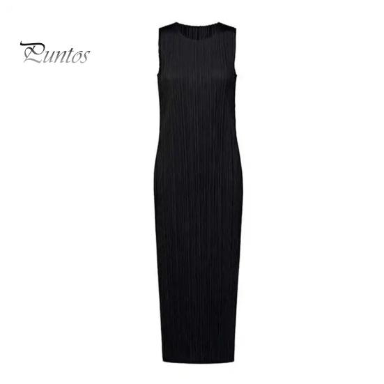 Dámské vestové šaty plisované volné s kulatým výstřihem jednobarevné rovné OL dojížděcí šaty bez rukávů midi šaty ke lýtkům