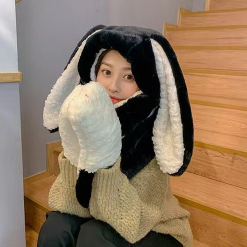 Plush Bunny Beanie Hat Scarf Thickened Ear Protection Cap Cute Hat Scarf Gloves Set  Woman Girls