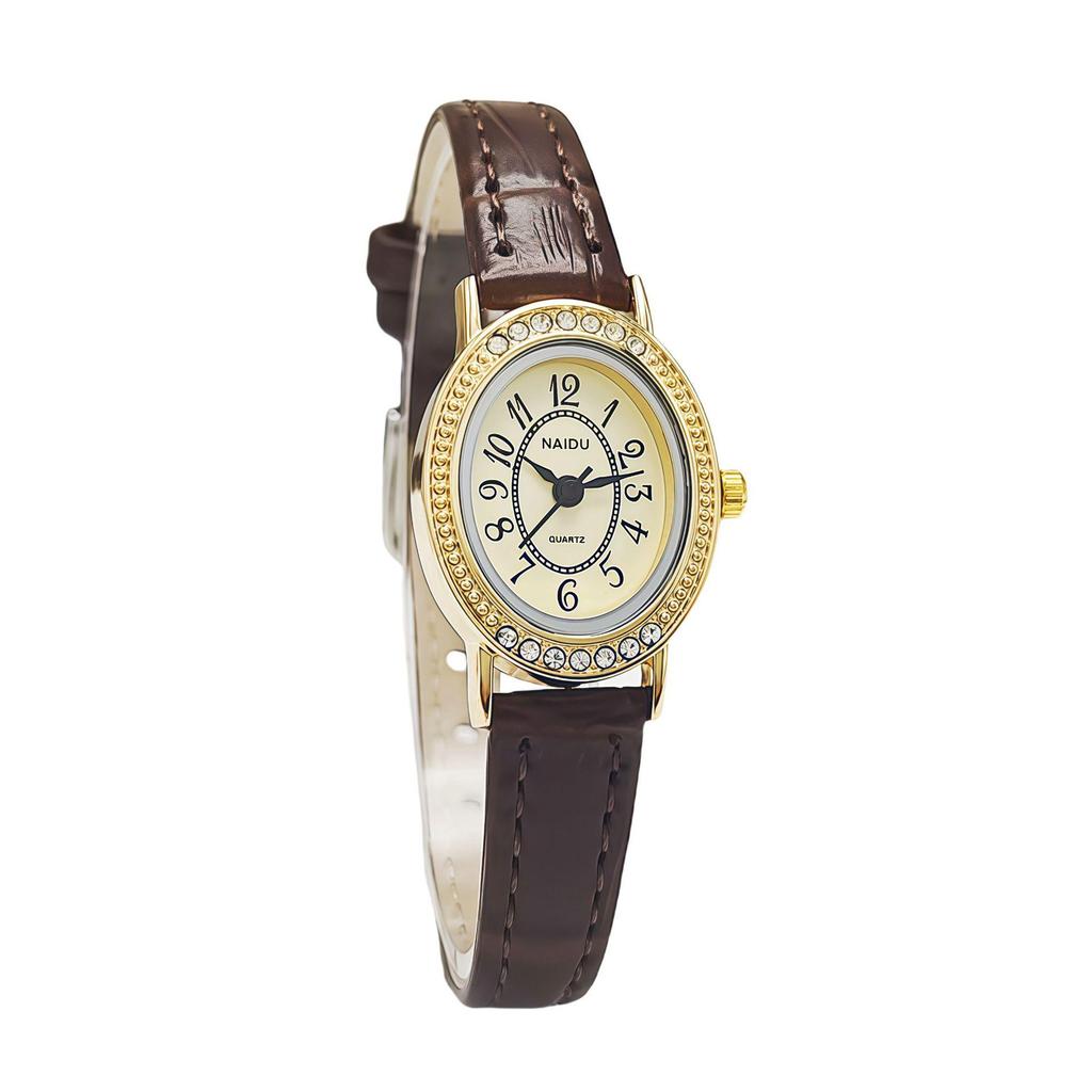 Exquisite Retro Women's Rhinestone Leather Strap Oval Quartz Watch
