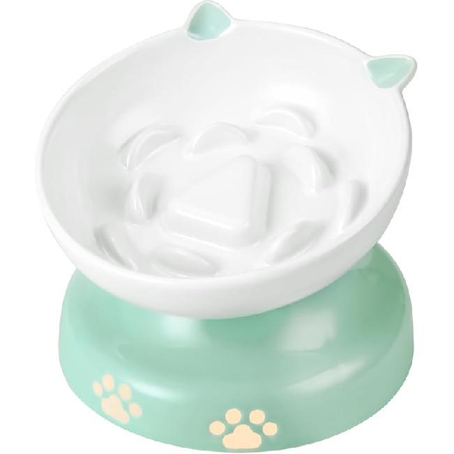 Y YHY Ceramic Cat Slow Feeder, Elevated Dog Food Bowl Tilted Design, Slow Feeder Bowl No Black Chin, Cat Shape for Dry and Wet Food