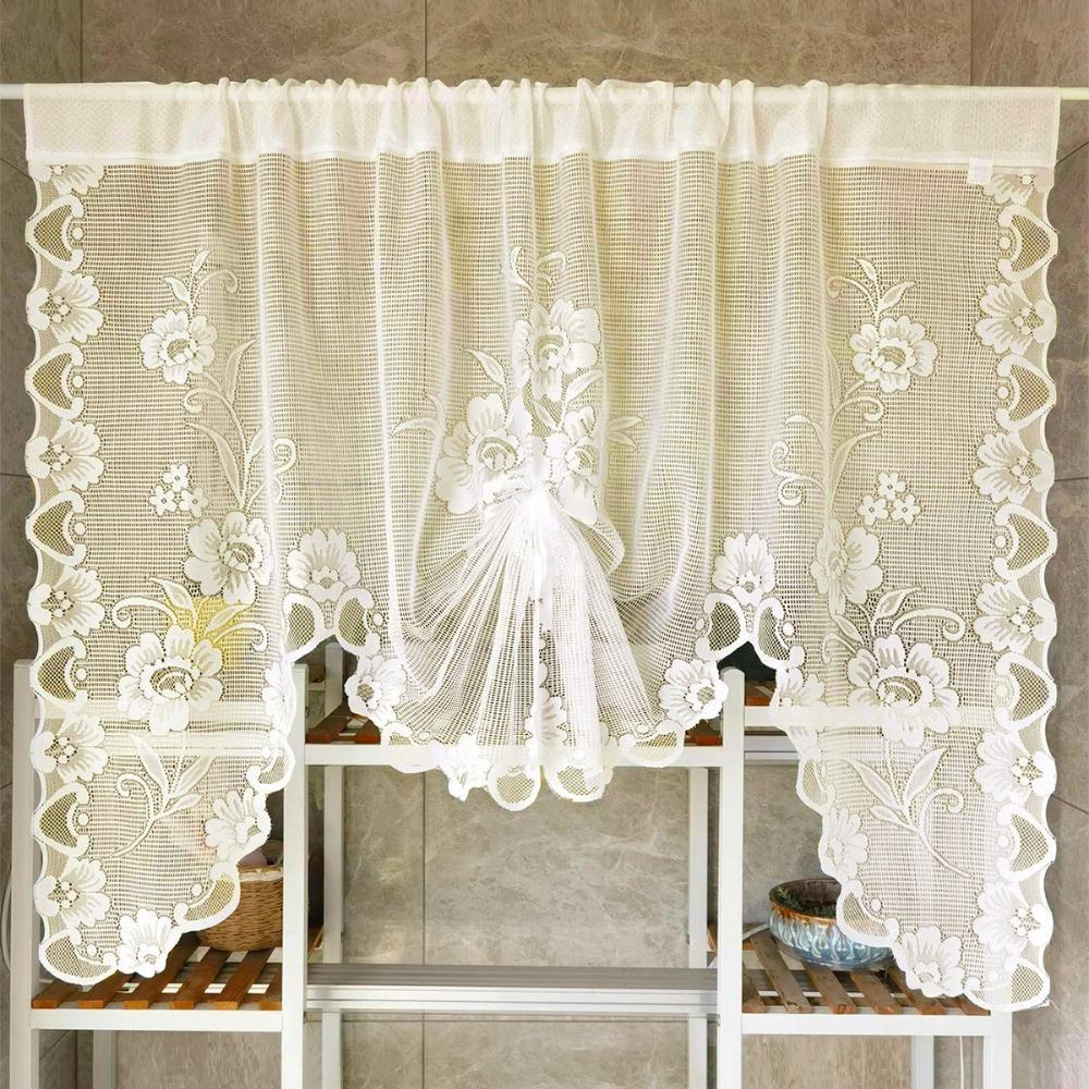 Floral Pattern Sheer Lace Curtain Embroidered Half Window  For Kitchen Bathroom beige-150cm