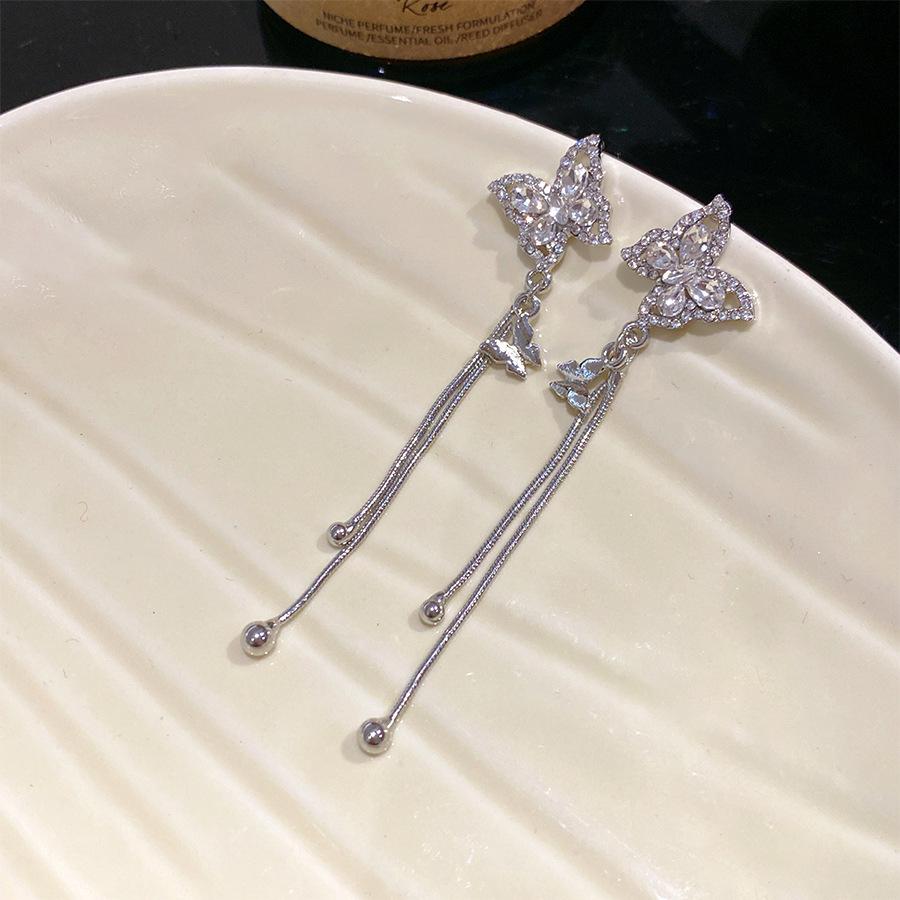 Silver Inlaid Diamond Butterfly Tassel Earrings - Elegant, Long, Face-Slimming Jewelry for Women