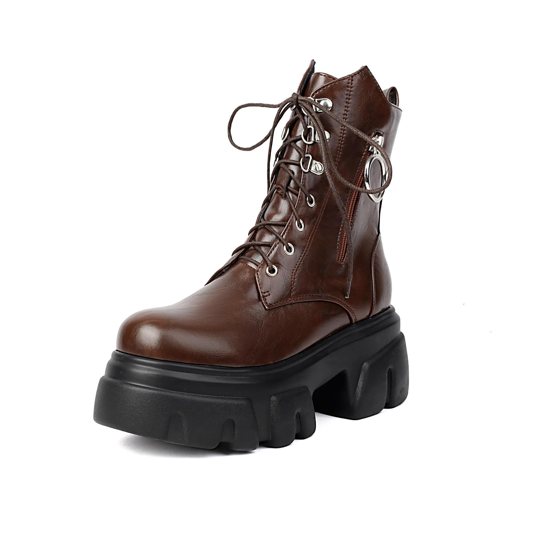 

Krazing Pot ПУ Осінь-зима взуття Плоска платформа Металеві заклепки Мотоциклетні черевики Круглий носок Зберігають тепло Черевики на шнурівці Розмір 44 38 коричневий