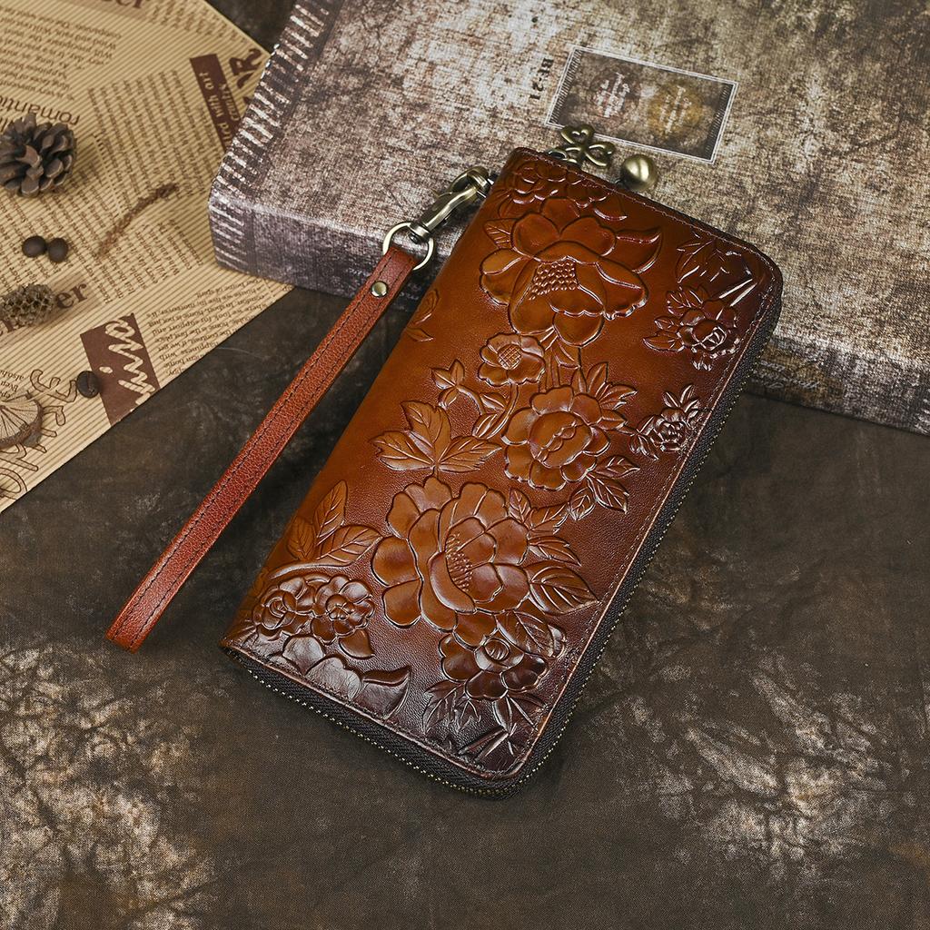 Vintage New Flower and Plant Embossed Long Leather Wallet Handbag Women's Head Layer Leather Leather
