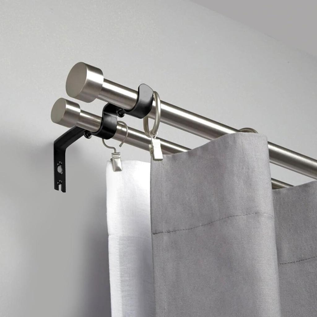 Double Curtain Rod Bracket 2 Pack Metal Curtain Rod Hooks for Wall,Sturdy Curtain Rod Bracket with Screws,Black Wall Mounted Curtain Rod Holders for