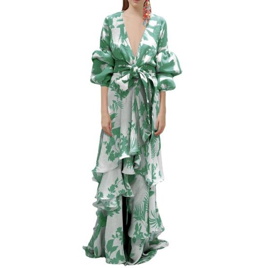 Long Dress Deep V Neck Lace-up Tight Waist Flowy Splicing Irregular Hem Ruffle