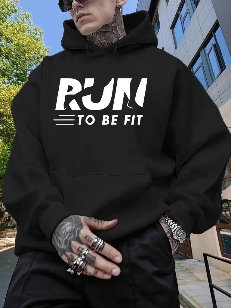 Casual Hoodie with RUN To BE FIT Letter Print - Cozy Fleece-Lined