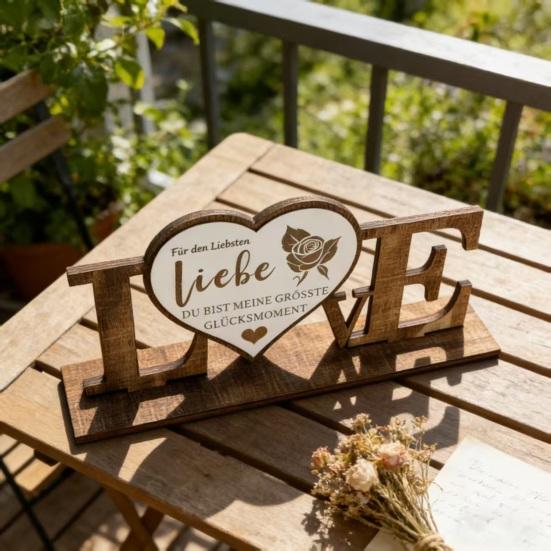 Valentine's Day Love Table Sign with Base Farmhouse Rustic Wooden Love Letter Ornament Anniversary Wedding Party Tabletop Decoration