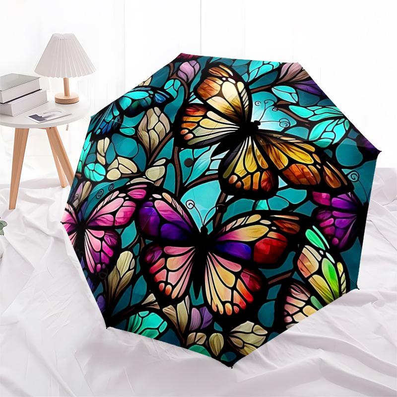 1pc Stained Glass Butterfly Design Automatic Folding Umbrella - Portable 3-Fold Design with 8-Bone Iron Frame, Outdoor for Fans, Travelers, Daily Use,
