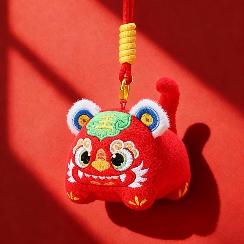 Chinese New Year Lucky Tiger Plush Pendant with Wealth God, Ingots, Copper Coins, Koi, & Horse Year Decoration