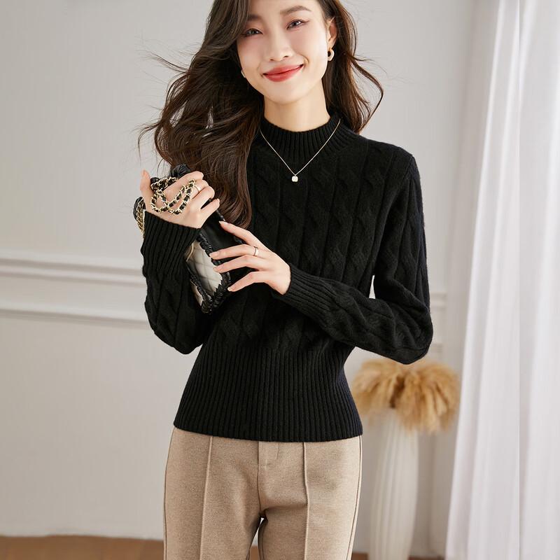 Srcr Women's Short 100% Wool Cable Knit Mock Neck Sweater