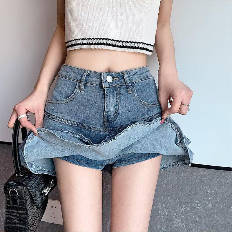 Denim Ruffle Fishtail Mini Skirt - Women's Plus Size High Waist A-line Summer Skirt