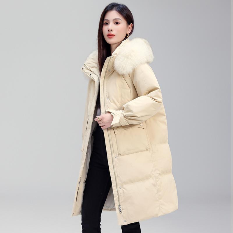 Winter women's down jacket medium and long loose big fox fur collar high-end duck down jacket