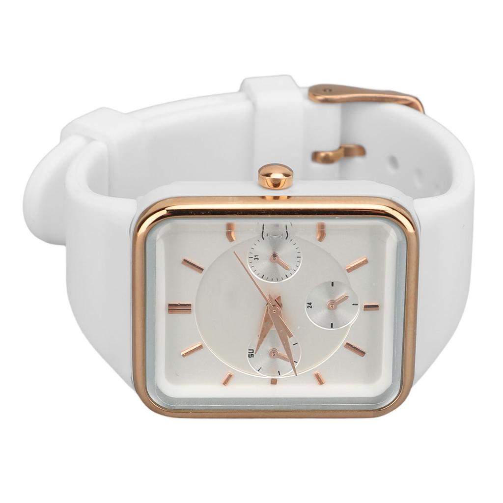 Women Quartz Wrist Watch 3 Sub Dials Water Proof Chronograph Analog Watch Silicone Strap Date Calendar White Rose Gold