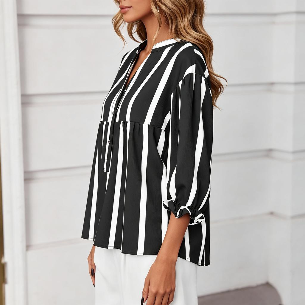 Camicetta da Donna a Righe con Scollo a V e Stampa Top Versatile Casual per l'Uso Quotidiano