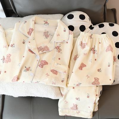 Women's Pajamas Set Cartoon Bear Flower Print Autumn Pajamas for Women Harajuku Style Casual Homewear Sleepwear
