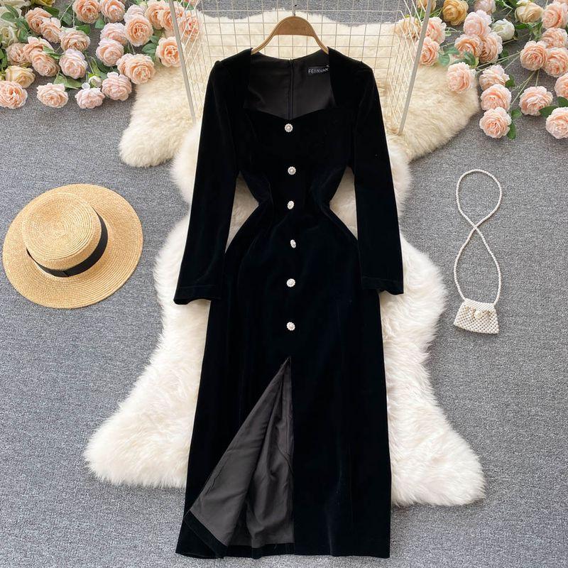 

Women s Hepburn Style Temperament Square Collar Velvet Split Dress Black S
