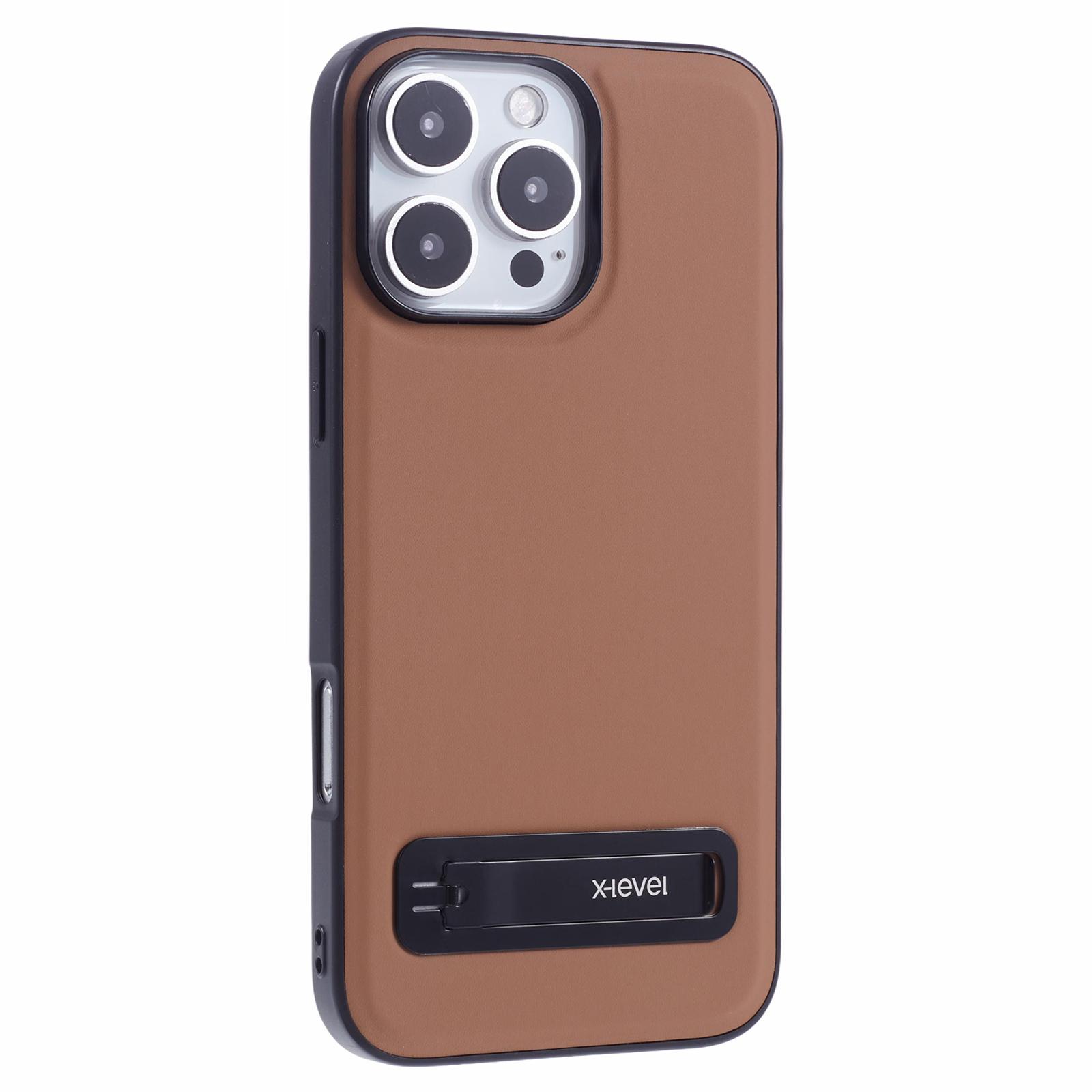 

X-LEVEL For iPhone 16 Pro Case Leather Coated PC TPU Phone Back Cover with Metal Kickstand Brown
