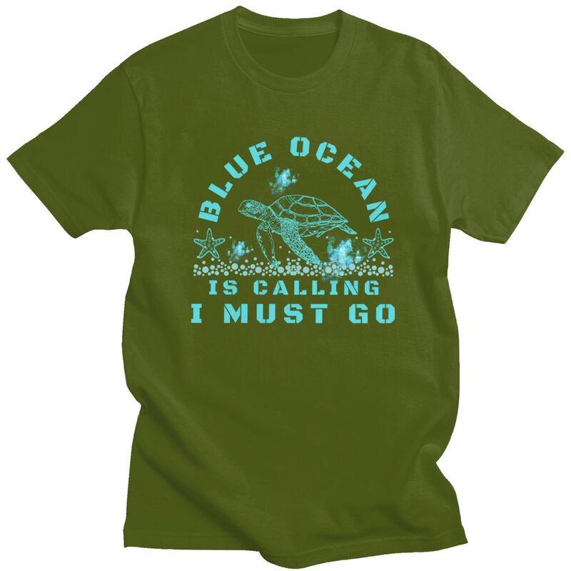 Classic Turtle Blue Ocean Is Calling T Shirt Men Short Sleeve Tshirt Casual Tee For Husband Father Pure Cotton Oversized Tshirt