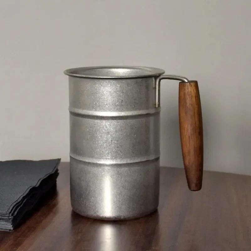 380ml/500ML stainless steel retro beer cup, wooden handle anti fall camping cup, outdoor style travel coffee cup, household cup