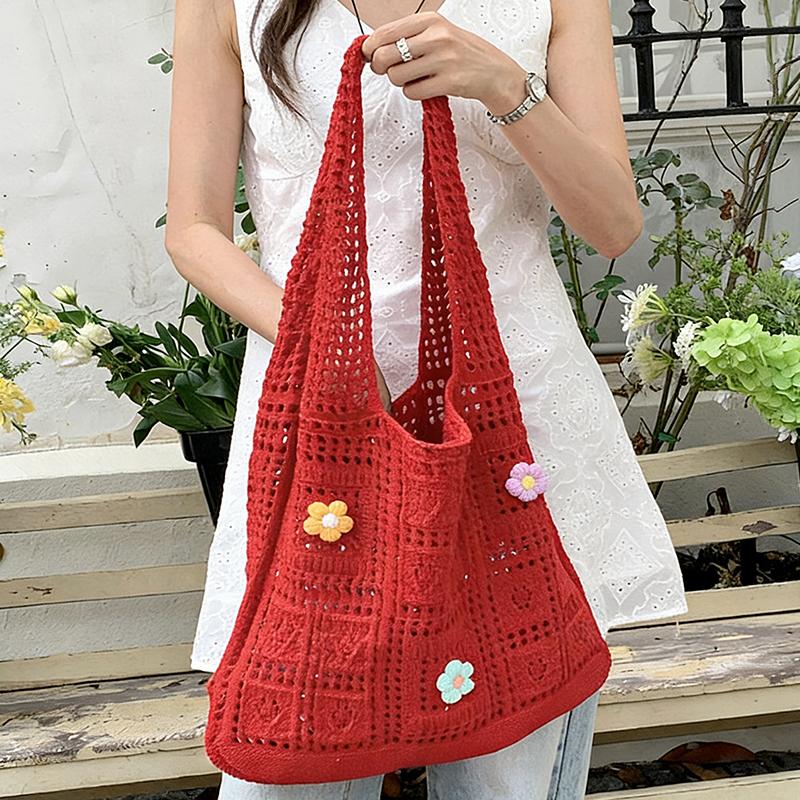 

Женская вязаная сумка-тоут с крючком, ажурная вязаная продуктовая сумка, однотонная дорожная сумка для покупок, женская повседневная наплечная сумка 36x32cm красный