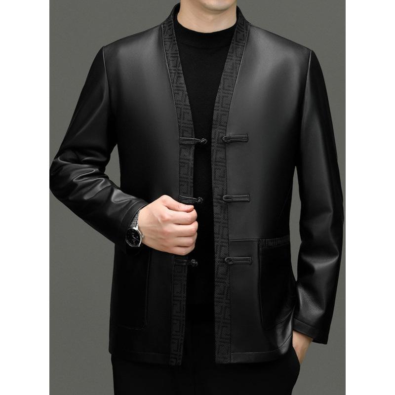 Men's new first-layer sheepskin Tang suit disc-buckled leather jacket jacket top men's trendy men's clothing