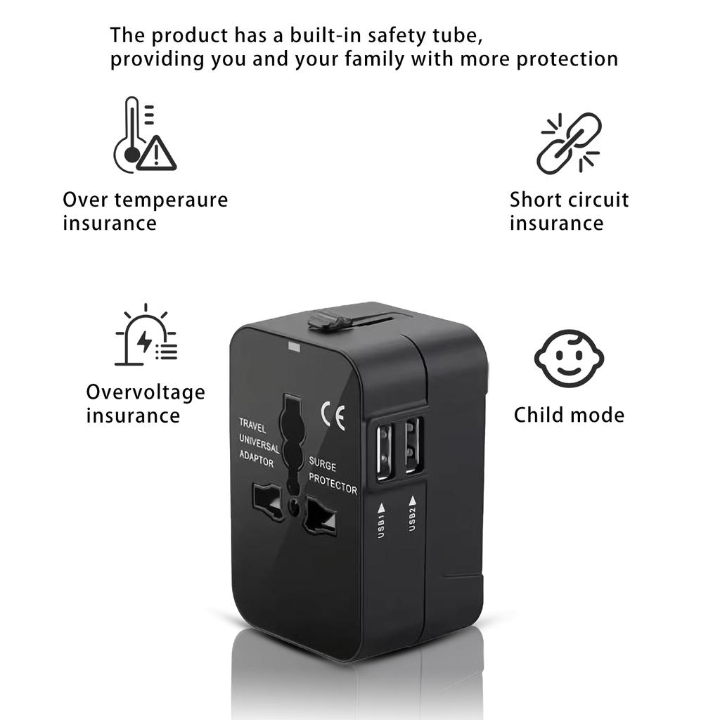 International Travel Adapter Travel Charging with 2 USB Port Wall Power Strips for Travel Socket Plug for Phone Tablet