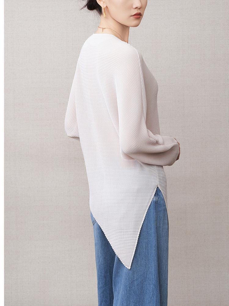 Women's Irregular Long-Sleeve T-Shirt - 2025 Autumn Style, Loose Fit, Slimming, Split & Pleated Base Layer.