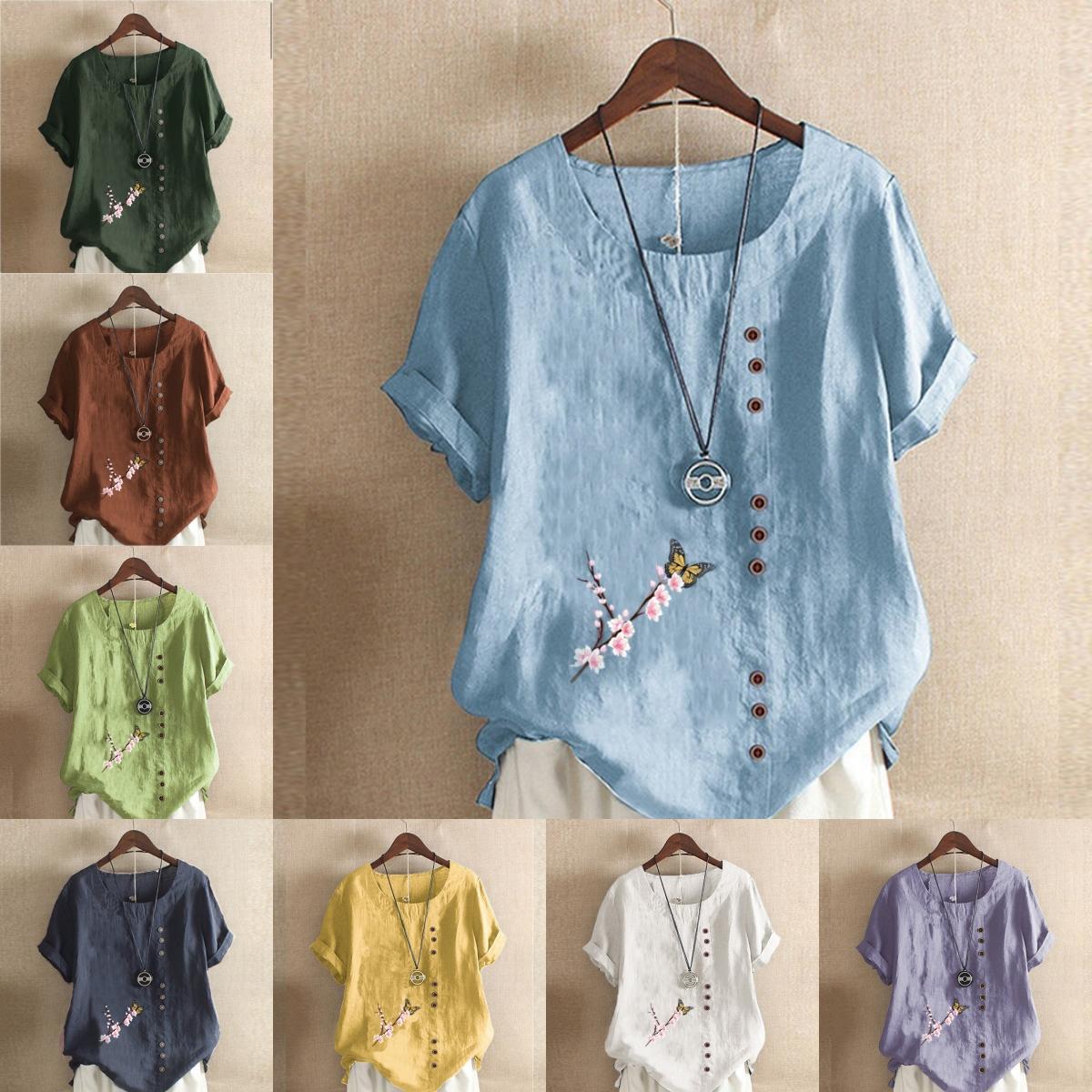 

Женская модная футболка с круглым вырезом и коротким рукавом, повседневная хлопковая льняная рубашка с графическим принтом, свободная летняя блузка с цветочным принтом, топы