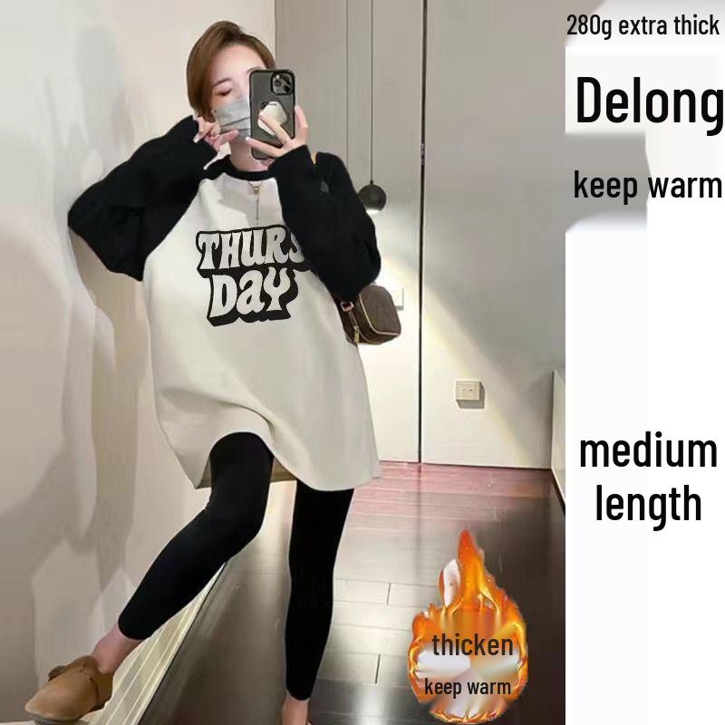 

Women s Autumn & Winter Raglan Sleeve Color Block Brushed Long Sleeve Loose Slimming Mid-Length Base Shirt XL for 125-145 lbs