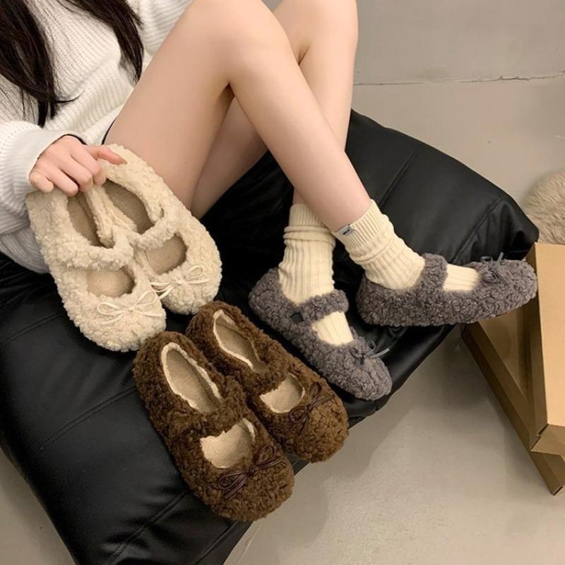 Round head Mary Jane Mao Mao shoes women's autumn and winter new bow light mouth commuting cotton shoes