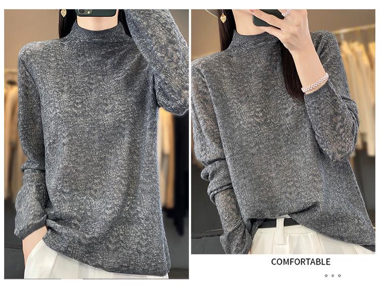 2025 Spring Worsted Wool Knit Sweater: Half-High Neck, Long Sleeve, Floral Hollow Design Pullover