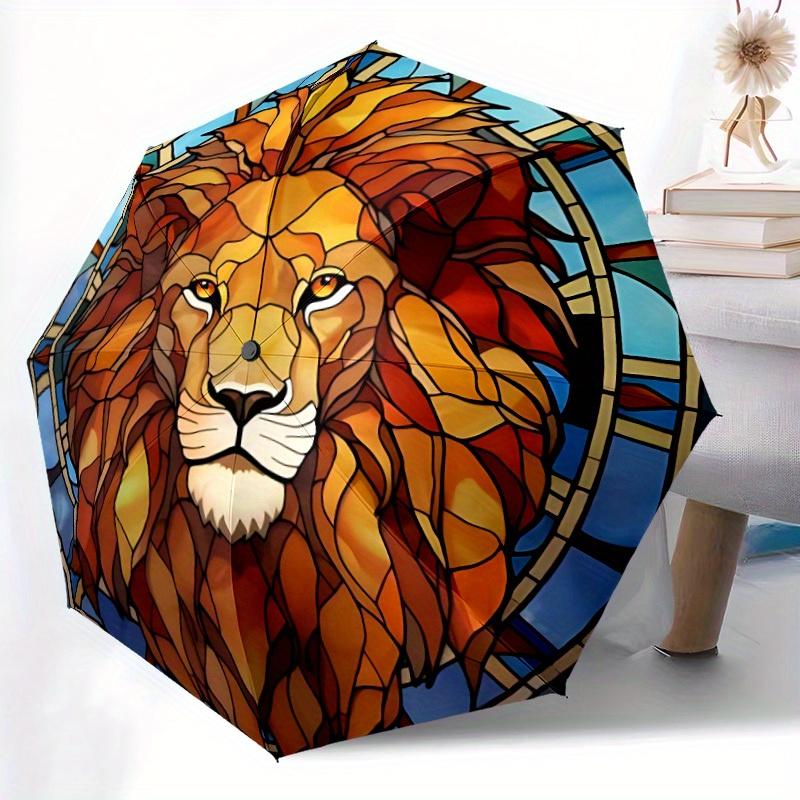 1pc Lion Stained_Glass Automatic Folding Umbrella, 8-Rib Sturdy Canopy, Portable Travel Umbrella for Outdoor Use