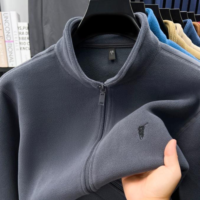 Men's Double-Sided Berber Fleece Stand Collar Jacket with Embroidery – Classic American Style