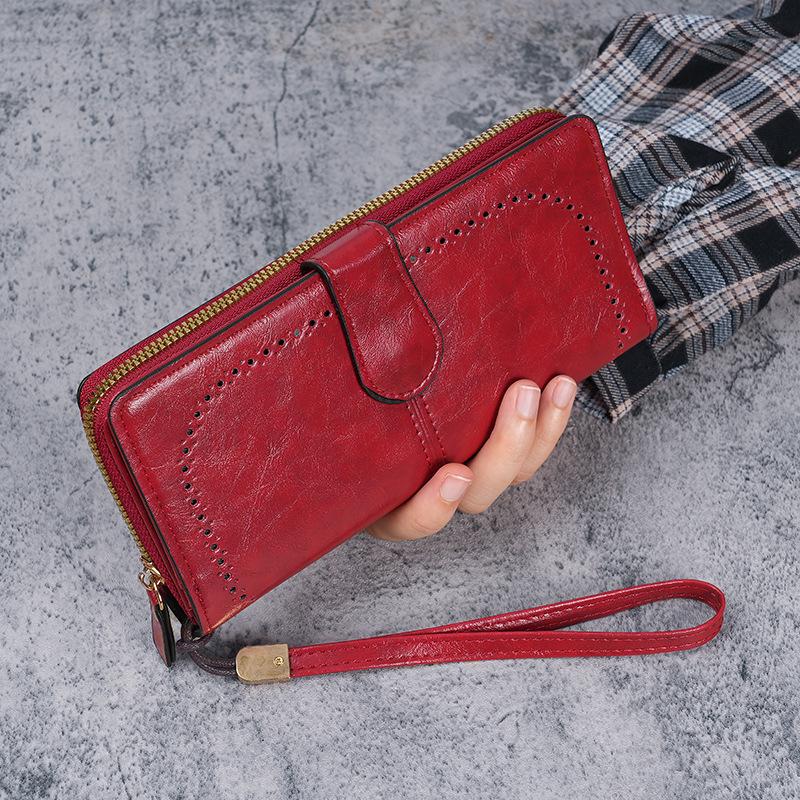 Women's Retro Oil Wax PU Leather Long Wallet With Large Capacity