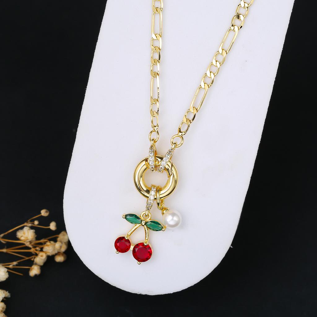 9 Color Fruit Cherry Strawberry Crystal Pendant Necklace 3:1 Chain Jewelry Lucky for Woman Casual Holiday Aesthetic Jewelry Gift