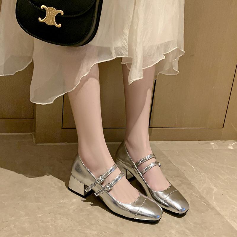 2025 New Women's Shoes Luxury Square Toe Ladies Mary Jane Shoes High Quality Double Buckle High Heel Fashion Women Ballet Shoes