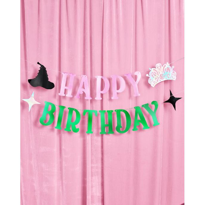 xo, Fetti Happy Birthday Banner - Pink + Green Foil, 4 Ft. | Witch Birthday Decorations, Girls Bday Sign, Kids Wizard Party, Photoshoot Backdrop